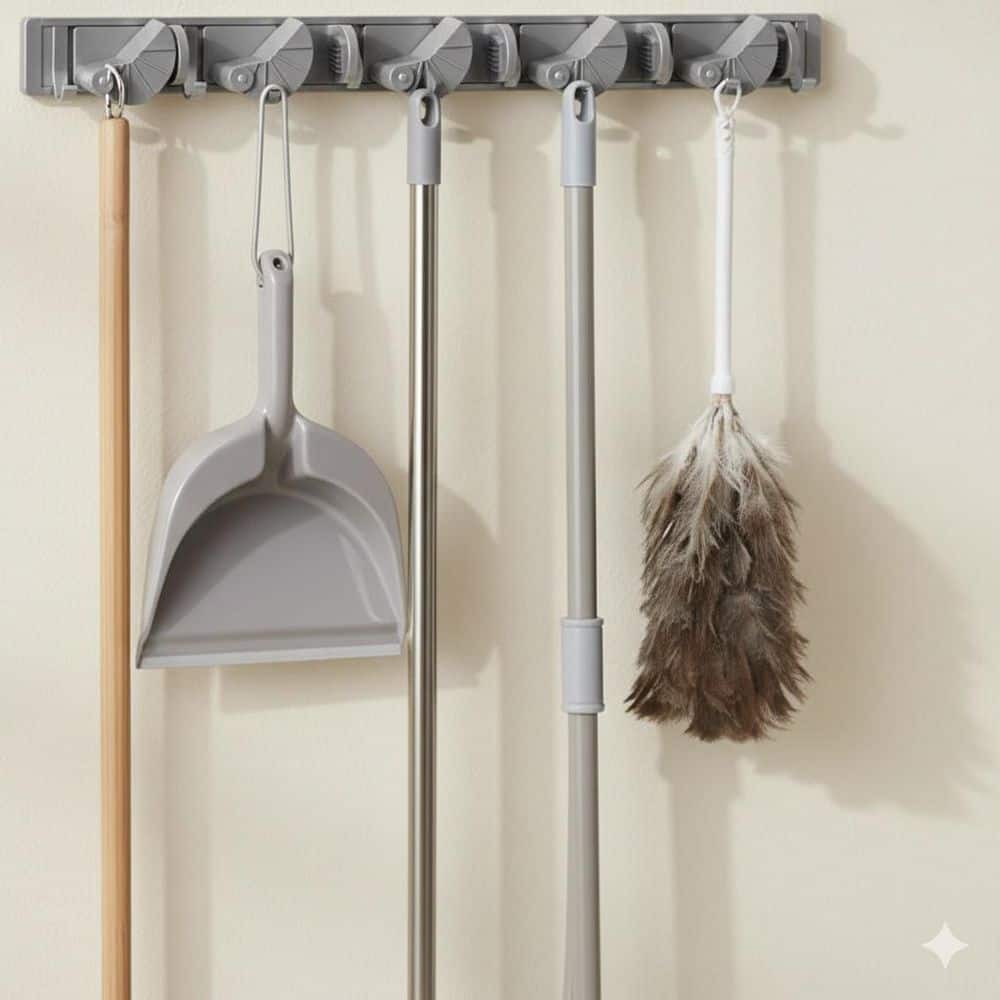 Unbranded Metal 4-Shelf Gray Rustproof Spring-Grip Wall Mounted Organizer with Movable Hooks for Broom Mop Garden Tool Storage 29EPH020260