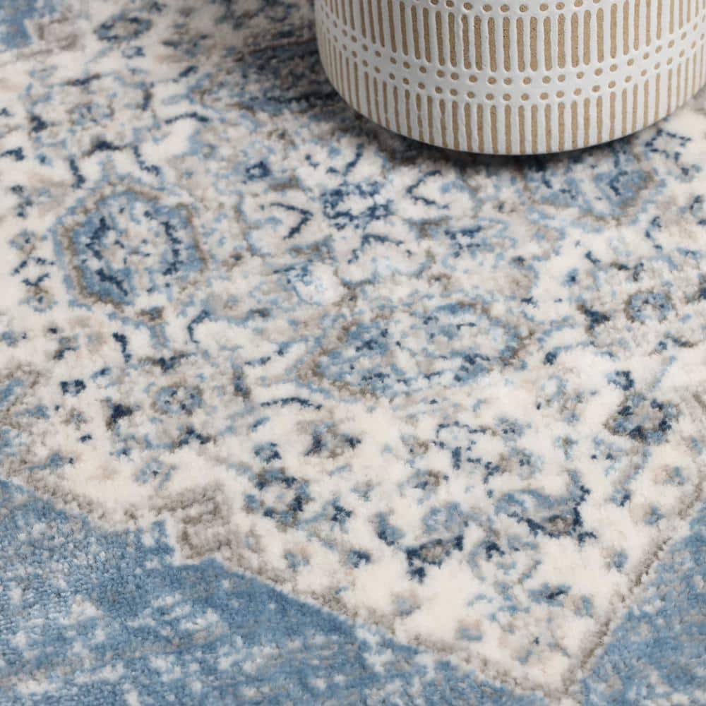 Blue-Cream Medallion Synthetic Easy Care Area Rug