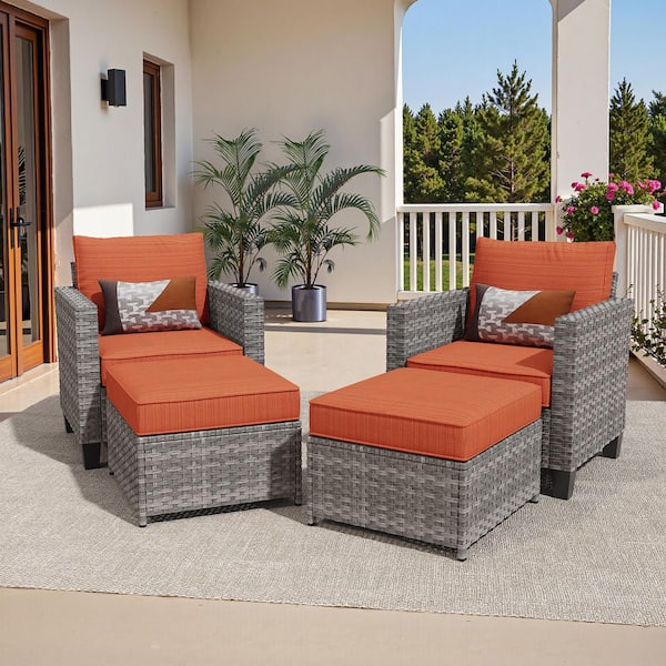 Audrey Gray 4-Piece Wicker Outdoor Lounge Chair Single Chairs with Orange Red Cushion and Ottomans for Patio, Deck