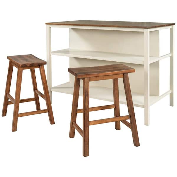 Polibi 45 in. W 3-Piece Rustic Walnut Wood Top Kitchen Island Set Seats 2