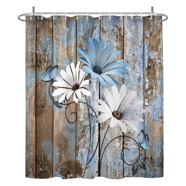 Unbranded Farmhouse Floral Shower Curtain Set Rustic Blue Daisy Wild Garden Polyester with Hooks Brown Wooden 69x70 in.