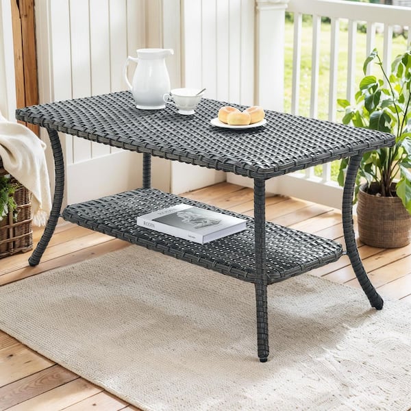 Gray Rectangle Wicker Outdoor Coffee Table with Lower Storage Shelf PE Rattan Side Table for Patio