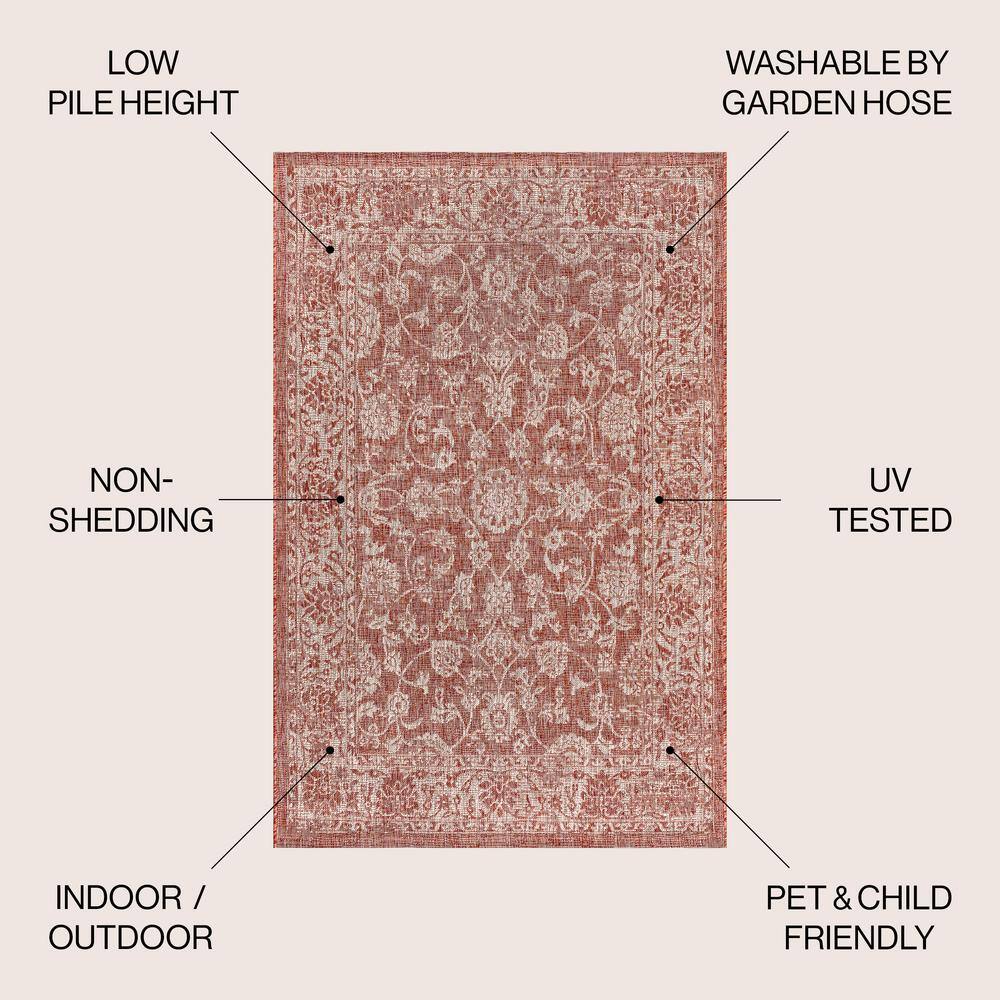 Red and Taupe Floral Synthetic 5' x 8' Reversible Rug