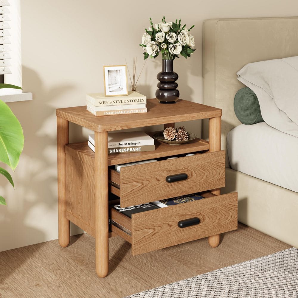 Eden Modern Natural 2 Drawers 23.62 in. W Nightstand with Open Shelf, Rounded Wood Legs price history on PriceWatchPro