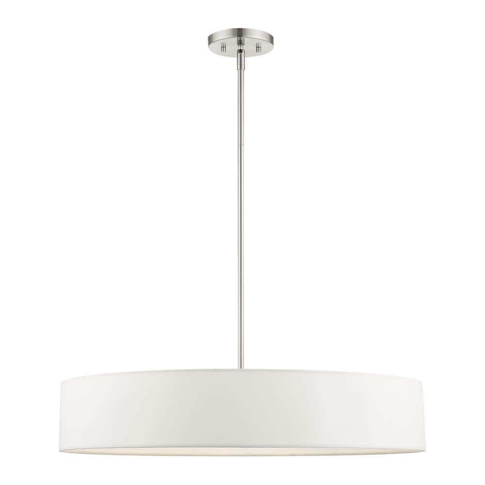 Elegant Brushed Nickel 5-Light Drum Pendant with Crystal Accents and Off-White Shade