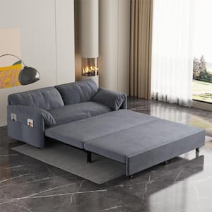 3-in-1 Convertible 63.8 in. Dark Gray Soft Velvet Queen Size Sofa Bed with Side Storage