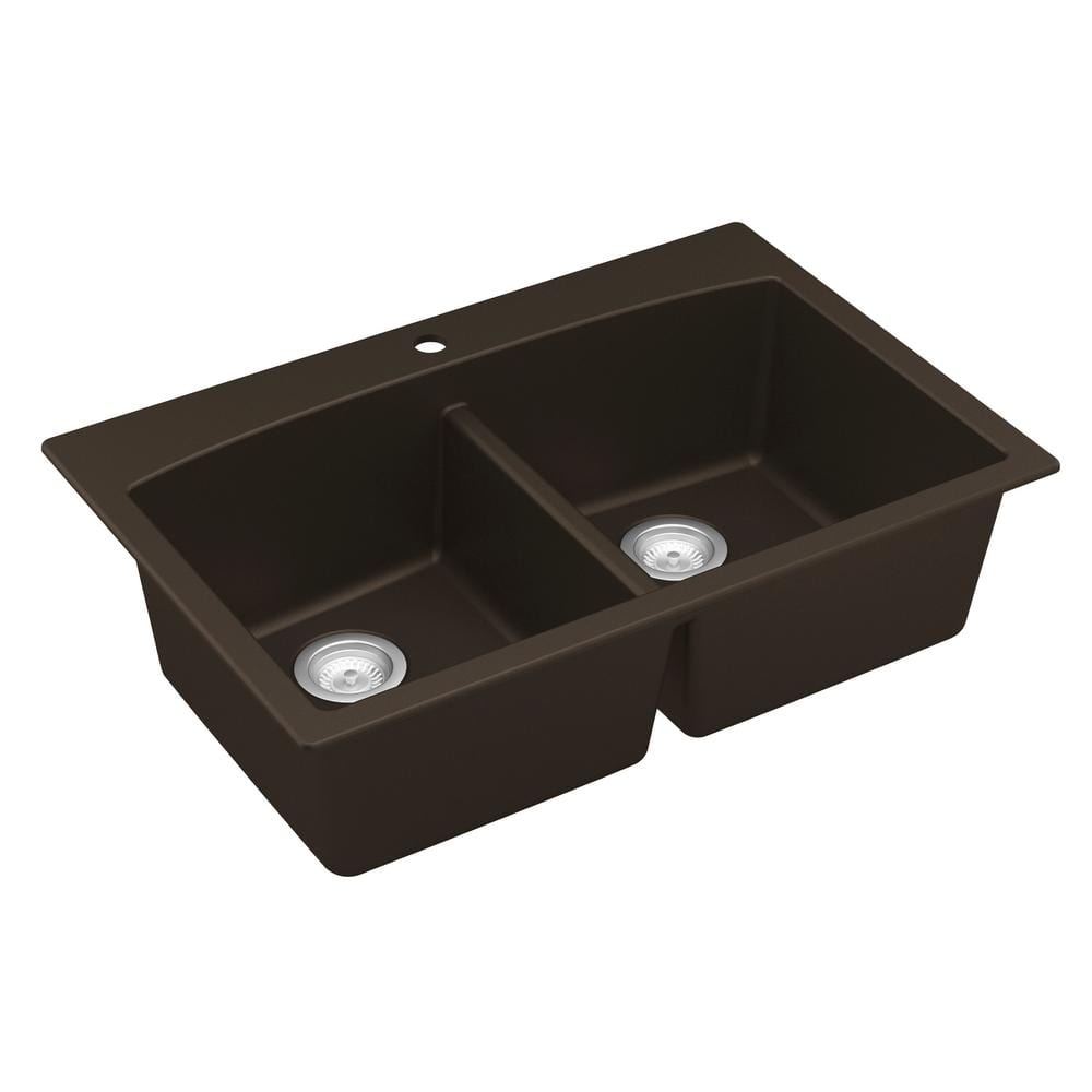 Brown Quartz Double Bowl Kitchen Sink with Curved Rear Walls