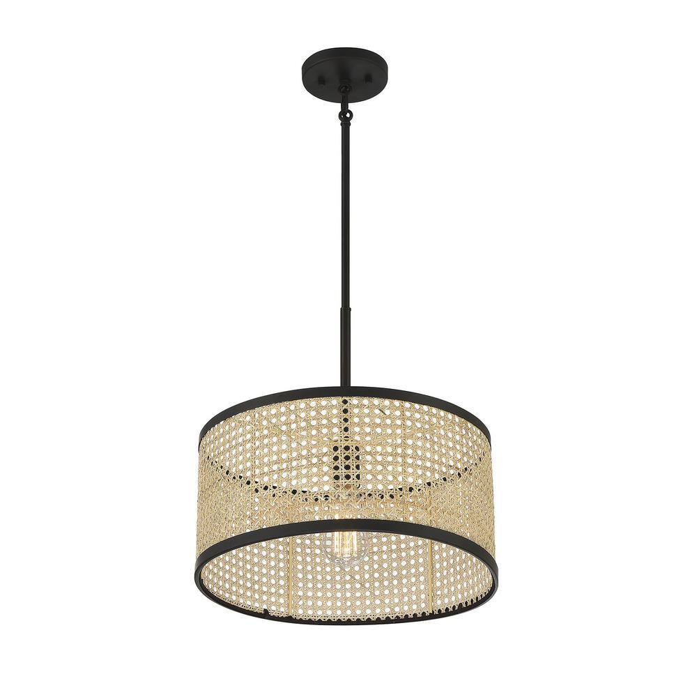 Mid-Century Modern Natural Cane & Matte Black 1-Light Pendant