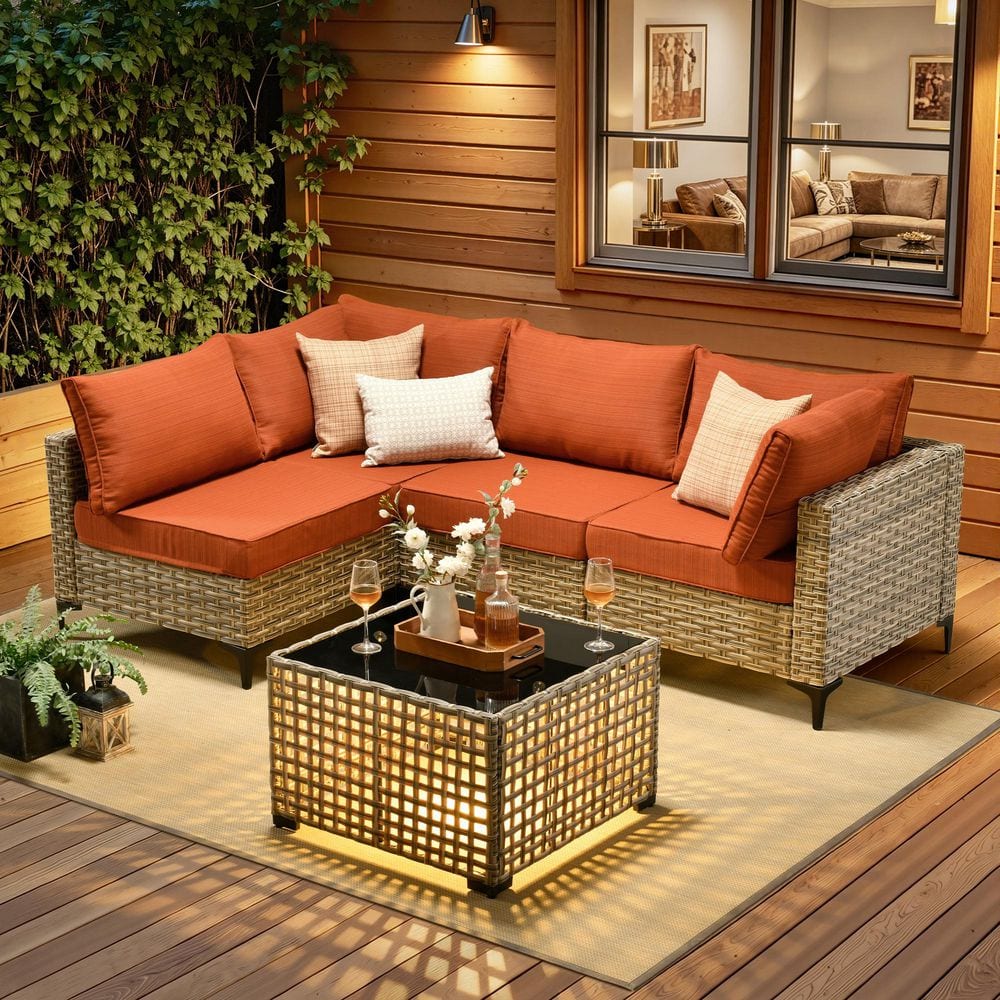 5-Piece Wicker Outdoor Sectional Sofa Set with Solar Light Coffee Table and Orange Red Cushions for Backyard and Deck price history on PriceWatchPro