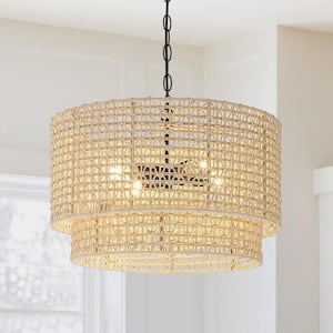 20 in. 4-Light Rattan Tiered Drum Pendant Chandelier Light with Black Canopy