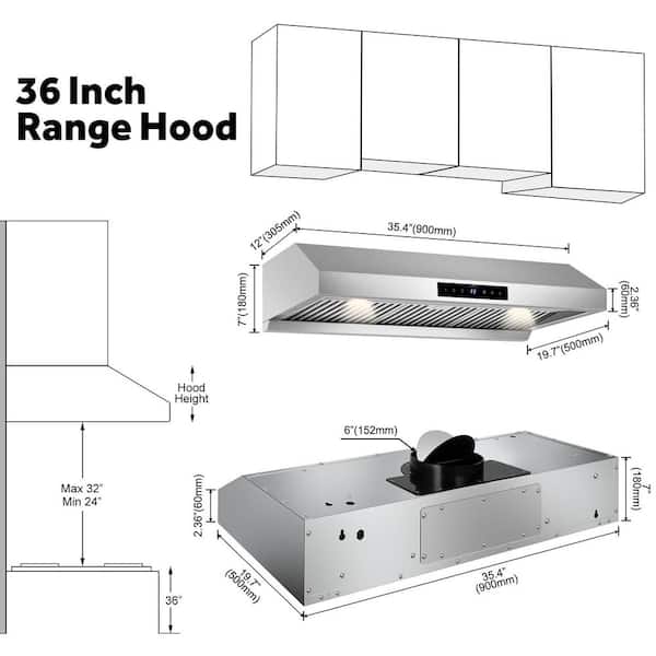 36 in. 900 CFM Stainless Steel Range Hood with 4-Speed Settings, Remote Control, LED, Gesture Control Detachable Oil Cup