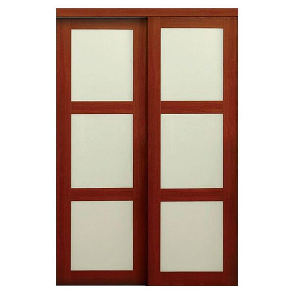 TRUporte 60 in. x 80 in. 2310 Series Cherry 3-Lite Tempered Frosted Glass Composite Interior Sliding Door