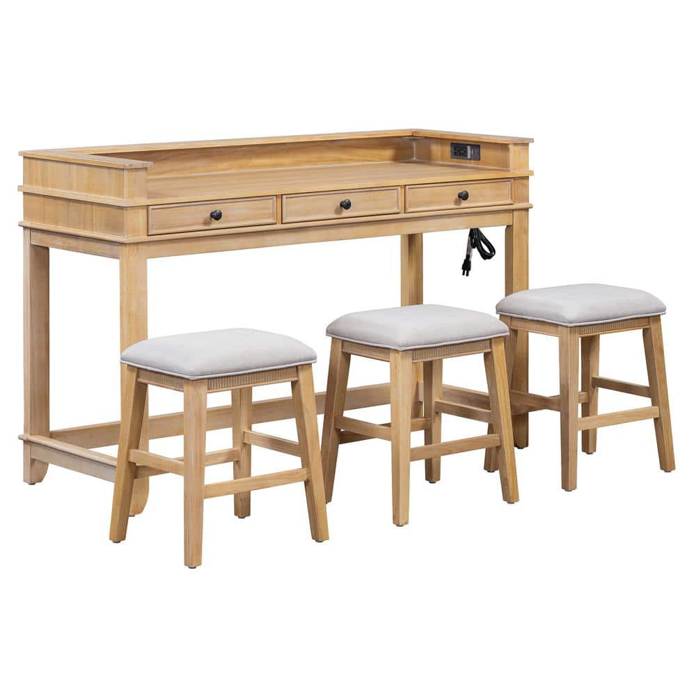 4-Pieces Rubber Wood Outdoor Dining Set, Bar Table Set with 3-Upholstered S