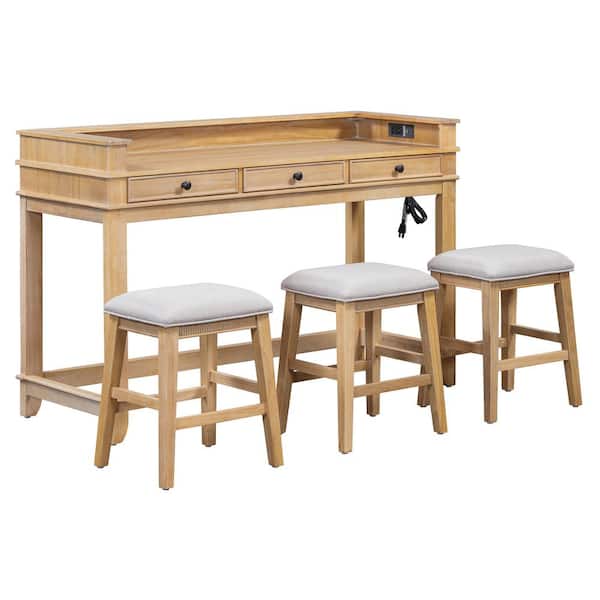 Unbranded 4-Pieces Rubber Wood Outdoor Dining Set, Bar Table Set with 3-Upholstered Stools, Natural