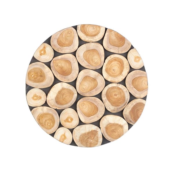 Litton Lane Teak Wood Brown Handmade Round Mosaic Inspired Wood Slab Abstract Wall Art Decor with Black Backing