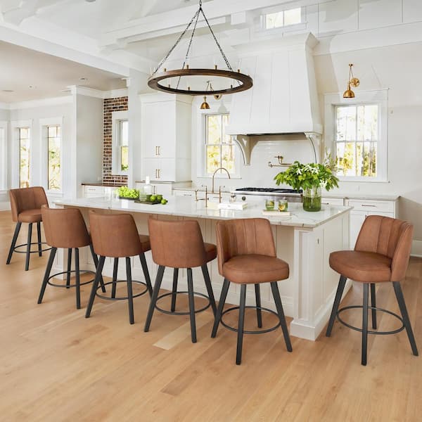 Paul 26 in. Brown Modern Faux Leather 360° Swivel High Back Barstool Solid Wood Counter Height stool (Set of 6)