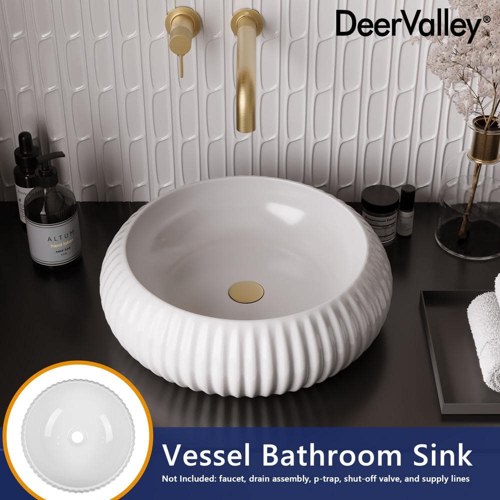 16" White Ceramic Circular Vessel Sink with Fluted Sides