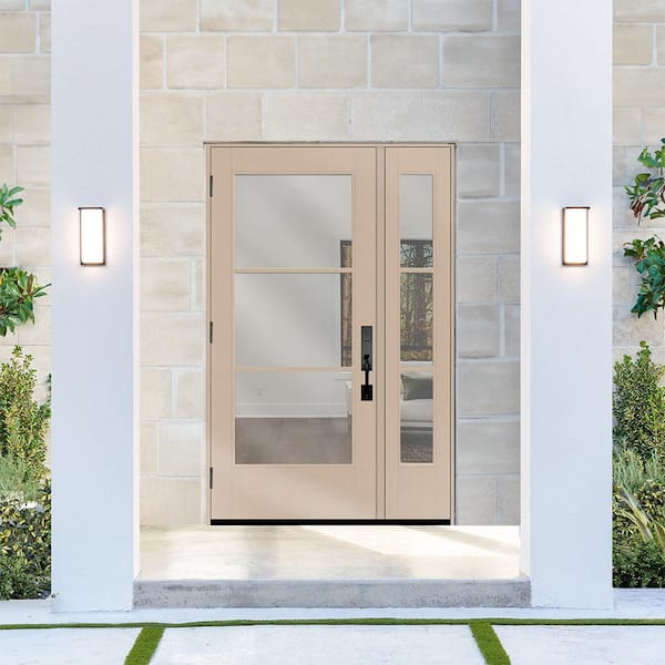 Legacy 53 in. x 80 in. Icon 3 L Modern Clear Glass RHOS Sandstone Fiberglass Prehung Front Door 14 in. SL-6-9/16 in Jamb