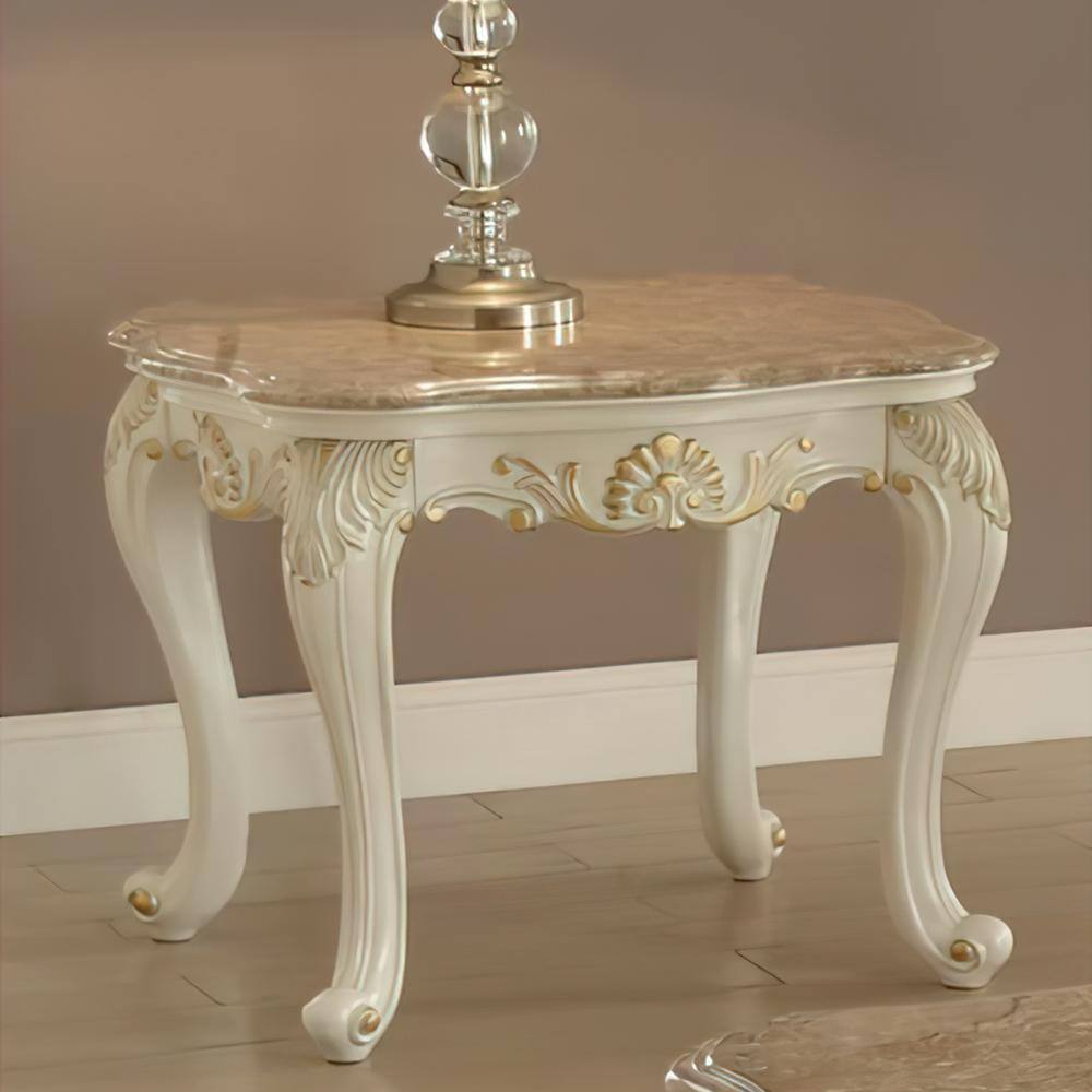 Pearl White and Gold Rectangular Wooden End Table with Marble Top and Storage
