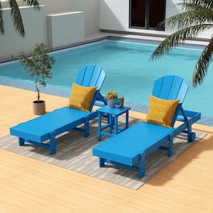 Laguna 3PC Outdoor Patio Adjustable HDPE Reclining Adirondack Chaise Lounger with Wheels, Side Table Set, Pacific Blue