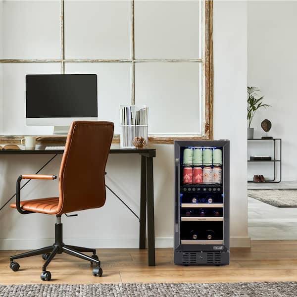 15 in. Dual Zone 13 Wine Bottles 48 Cans Beverage and Wine Cooler Refrigerator Fridge in Black Stainless Steel