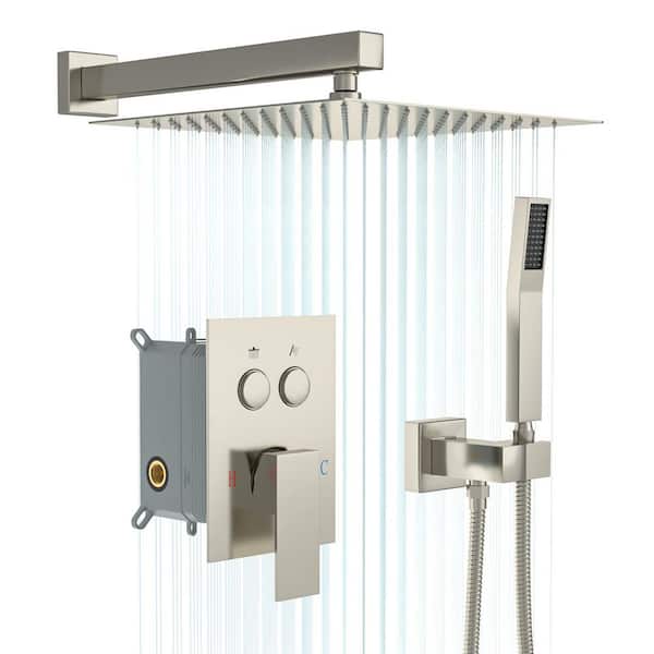 10 in. Wall Mount Rainfall Shower Head and Handheld Shower Combo Set 1.8 GPM 2-Spray in Brushed with Button Switching