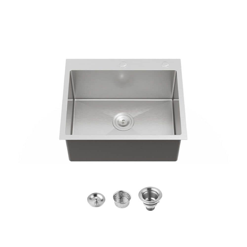 23 in. Drop-In Single Bowl 20-Gauge Overmount Brushed Nickel Stainless Steel Topmount Kitchen Sink with Basket Strainer price history on PriceWatchPro