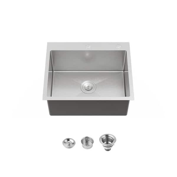 23 in. Drop-In Single Bowl 20-Gauge Overmount Brushed Nickel Stainless Steel Topmount Kitchen Sink with Basket Strainer