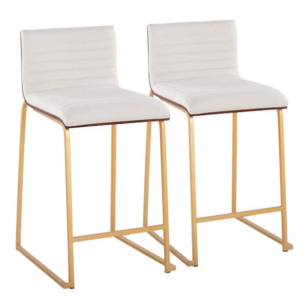 Lumisource Mason Mara 34 in. Cream Fabric and Gold Metal Counter Height Bar Stool with Walnut Wood Seat Back (Set of 2)