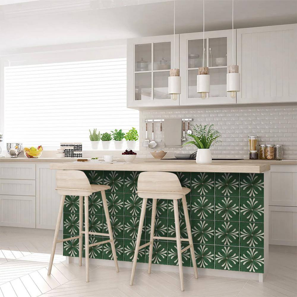 Vintage Dark Green and White Vinyl Tile Stickers, 4x4-inch
