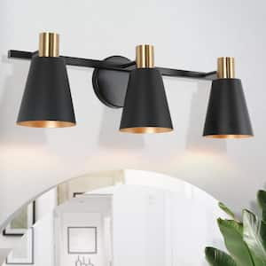 Black and Plated Gold Bathroom Wall Sconce, 22 in. 3-Light Modern Bell Powder Room Vanity Light Fixtures over Mirrors