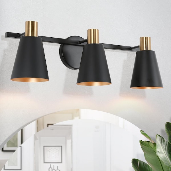 Uolfin Black and Plated Gold Bathroom Wall Sconce, 22 in. 3-Light Modern Bell Powder Room Vanity Light Fixtures over Mirrors