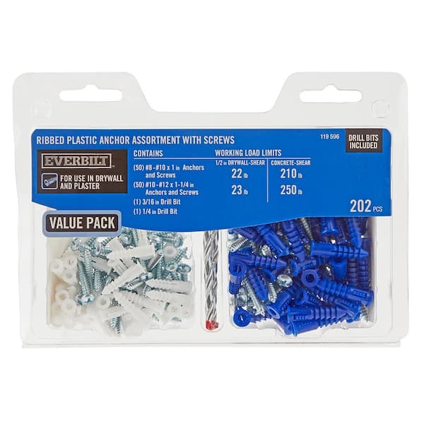 Everbilt #8-10 White and #10-12 Blue Ribbed Plastic Anchor Pack with Screws (202-Pieces)