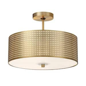 Grid 16 in. 3-Light Soft Brass Flush Mount with Frosted Glass Perforated Steel Shade and Diffuser