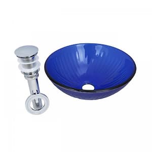 12 in. Blue Glass Round Countertop Bathroom Vessel Sink with Chrome Sink Drain