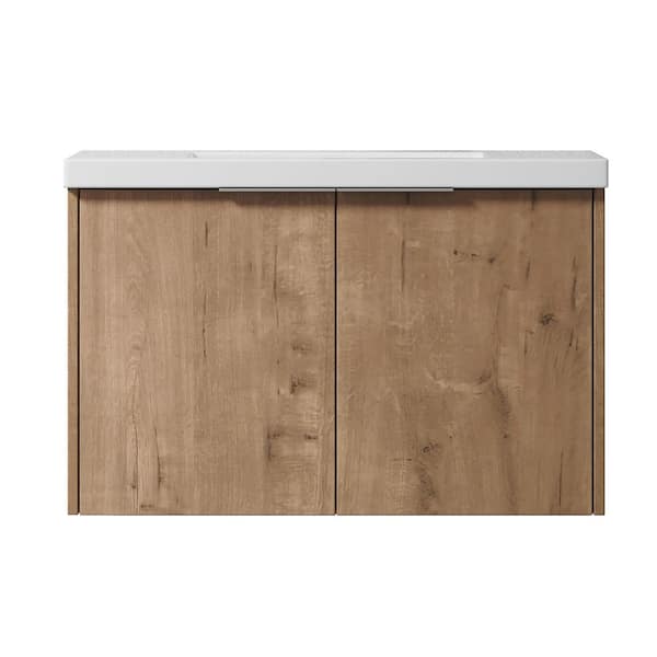 30 in. Wall-Mounted Single Oak Bath Vanity with White Resin Vanity Top Unassembled