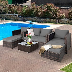 5-Piece Metal Outdoor Patio Rattan Sectional Conversation Sofa Furniture Set With Gray Cushions