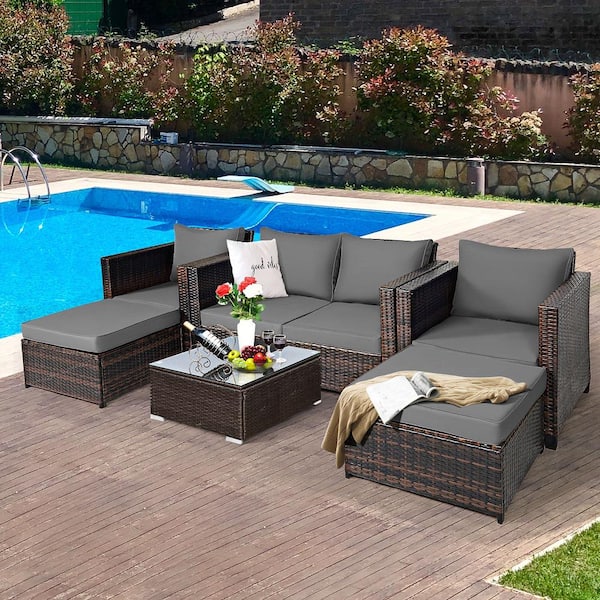 5-Piece Metal Outdoor Patio Rattan Sectional Conversation Sofa Furniture Set With Gray Cushions