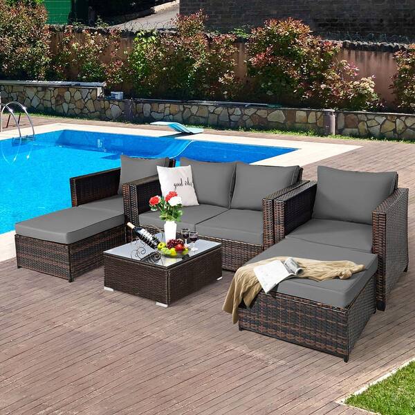 5-Piece Metal Outdoor Patio Rattan Sectional Conversation Sofa Furniture Set With Gray Cushions