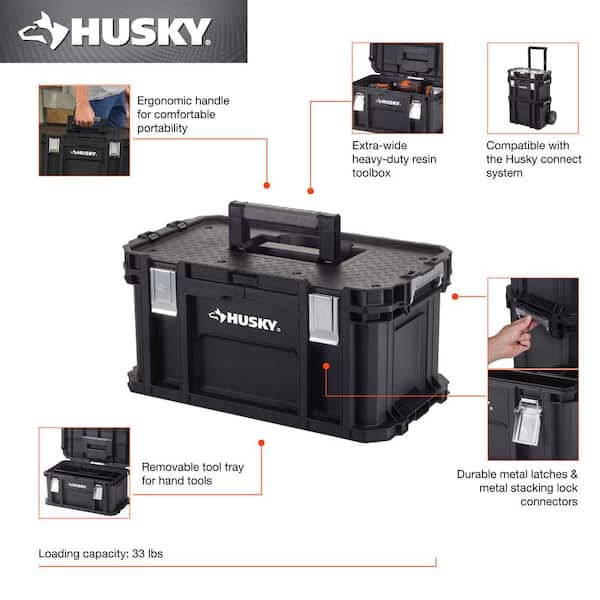 Husky Portable Tool Box Storage Bin 35 in Rolling Lockable Padded Handle Resin 