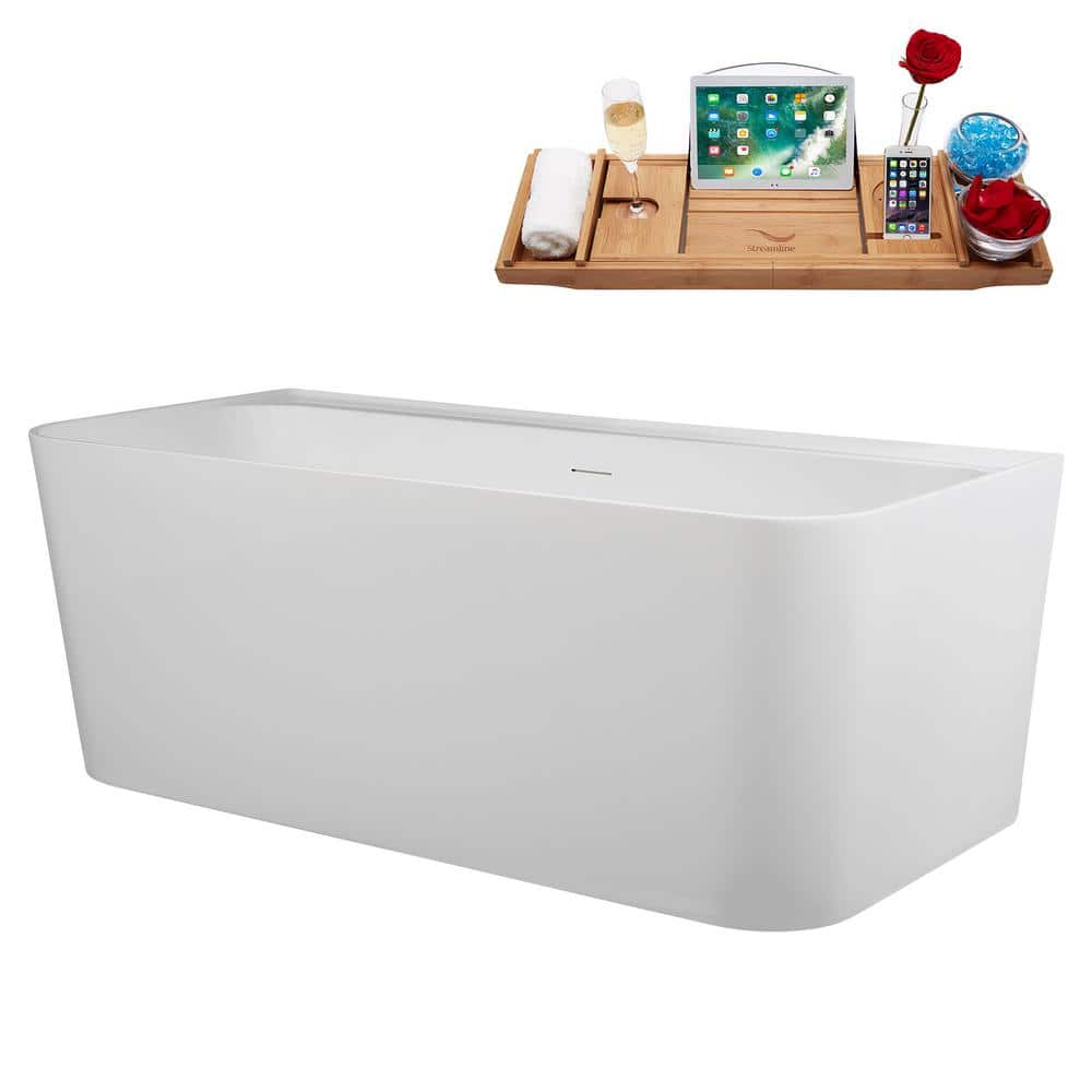55" Glossy White Acrylic Freestanding Soaking Bathtub with Bamboo Tray