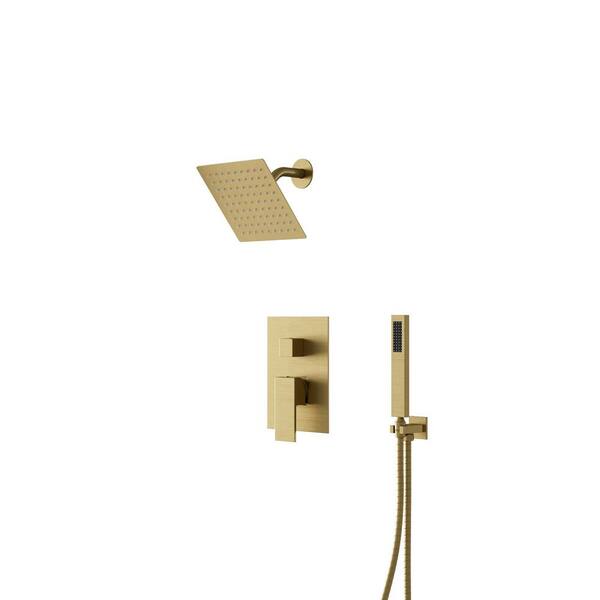 Crozet 2-Spray Wall Mount Rain Shower Head and Handheld Shower Faucet 1.8 GPM in Brushed Gold (Valve Included)