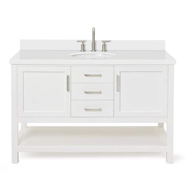 Bayhill 55 in. W x 22 in. D x 36 in. H Bath Vanity in White with Pure Pure White Quartz Top