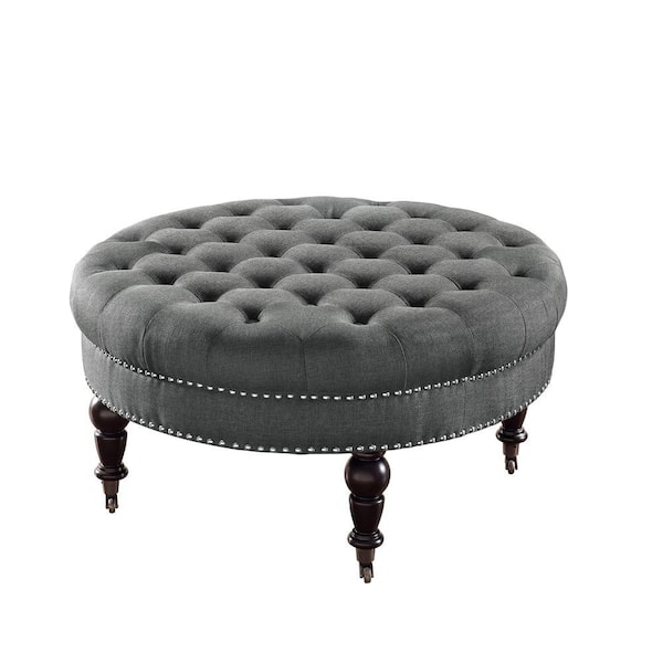 Linon Home Decor Isabelle Charcoal, Large Round Leather Ottoman Coffee Table