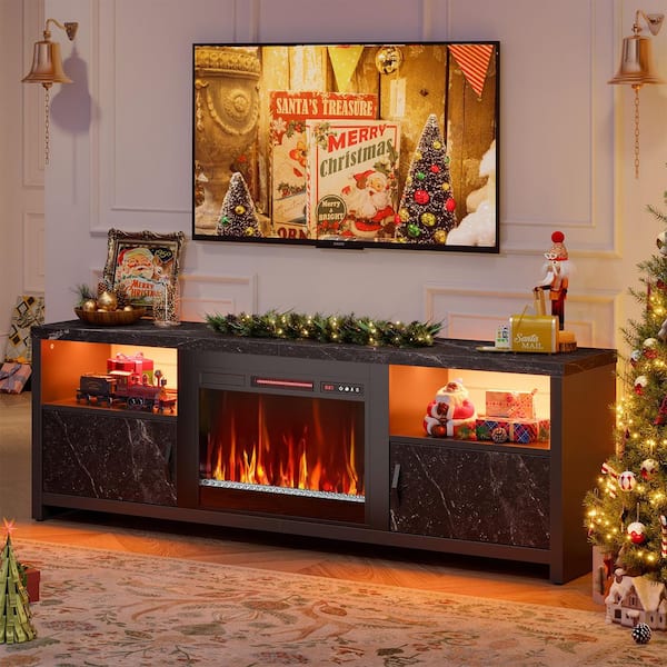 Bestier 70 in. Black Marble LED TV Stand Fits TV's Up to 75 in. Entertainment Center with Fireplace and Cabinets