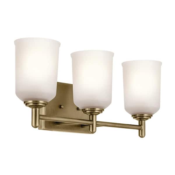 KICHLER Shailene 21 in. 3-Light Natural Brass Traditional Bathroom Vanity Light with Satin Etched Glass