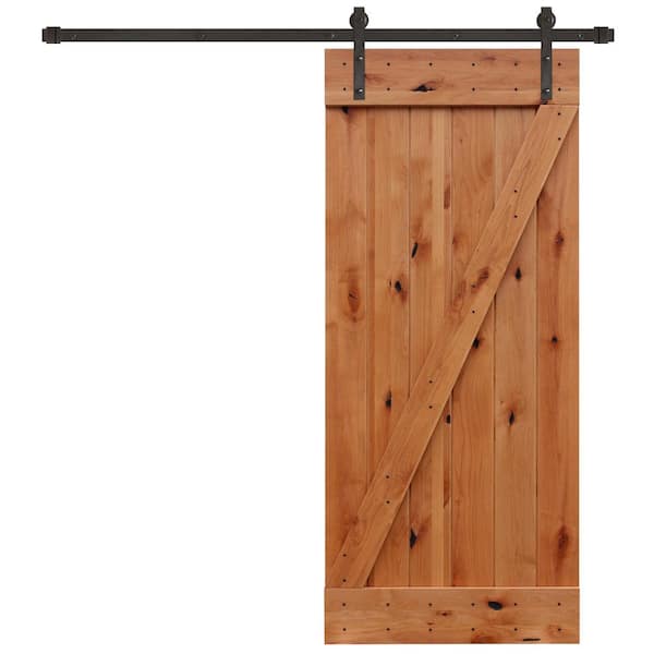 Pacific Entries 36 in. x 84 in. Rustic Unfinished Plank Knotty Alder Sliding Barn Door Kit with Oil Rubbed Bronze Hardware Kit