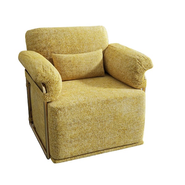 360° Square Swivel Accent Sofa Chair, Fluffy Fabric Lounge Upholstered Reading Chair with Gold Metal Legs, Yellow