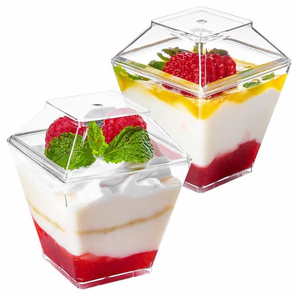 3.5 fl. oz. Clear PS Plastic Square Mini Dessert Cups with Lids and Spoons Set of 50 Dessert Sets