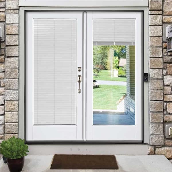 72 in. x 80 in. Fiberglass Smooth White Right-Hand Inswing Hinged Patio Door with Low E Built in Blinds